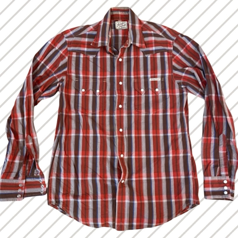 Lucky Brand Men’s Western Long-Sleeve Red Plaid Shirt w/ Pearl Snap Buttons